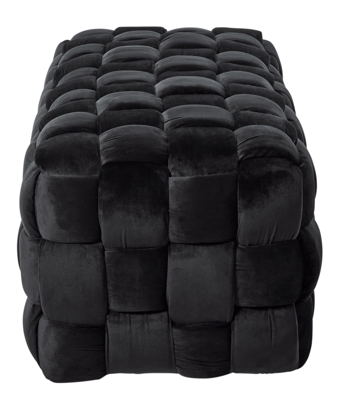 Schwarzer, gepolsterter Hocker mit quadratischem Muster, seitliche Perspektive