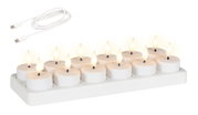 Schuin vooraanzicht van een witte set met twaalf warmwit brandende led-theelichtjes in een rechthoekige houder, inclusief witte USB-kabel.