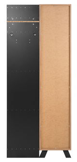 Vorderansicht einer modernen Garderobe mit schwarzer und holzfarbener Oberfläche.