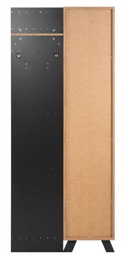 Vorderansicht einer modernen Garderobe mit schwarzer und holzfarbener Oberfläche.
