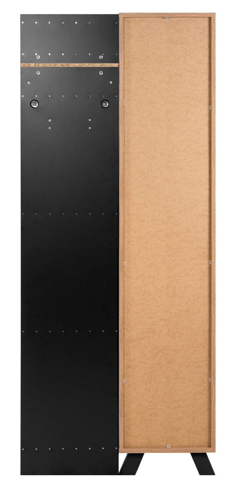 Vorderansicht einer modernen Garderobe mit schwarzer und holzfarbener Oberfläche.