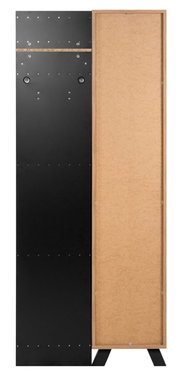 Vorderansicht einer modernen Garderobe mit schwarzer und holzfarbener Oberfläche.