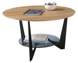 Runder Couchtisch aus Holz mit schwarzem Metallgestell und Glasablage, seitliche Perspektive