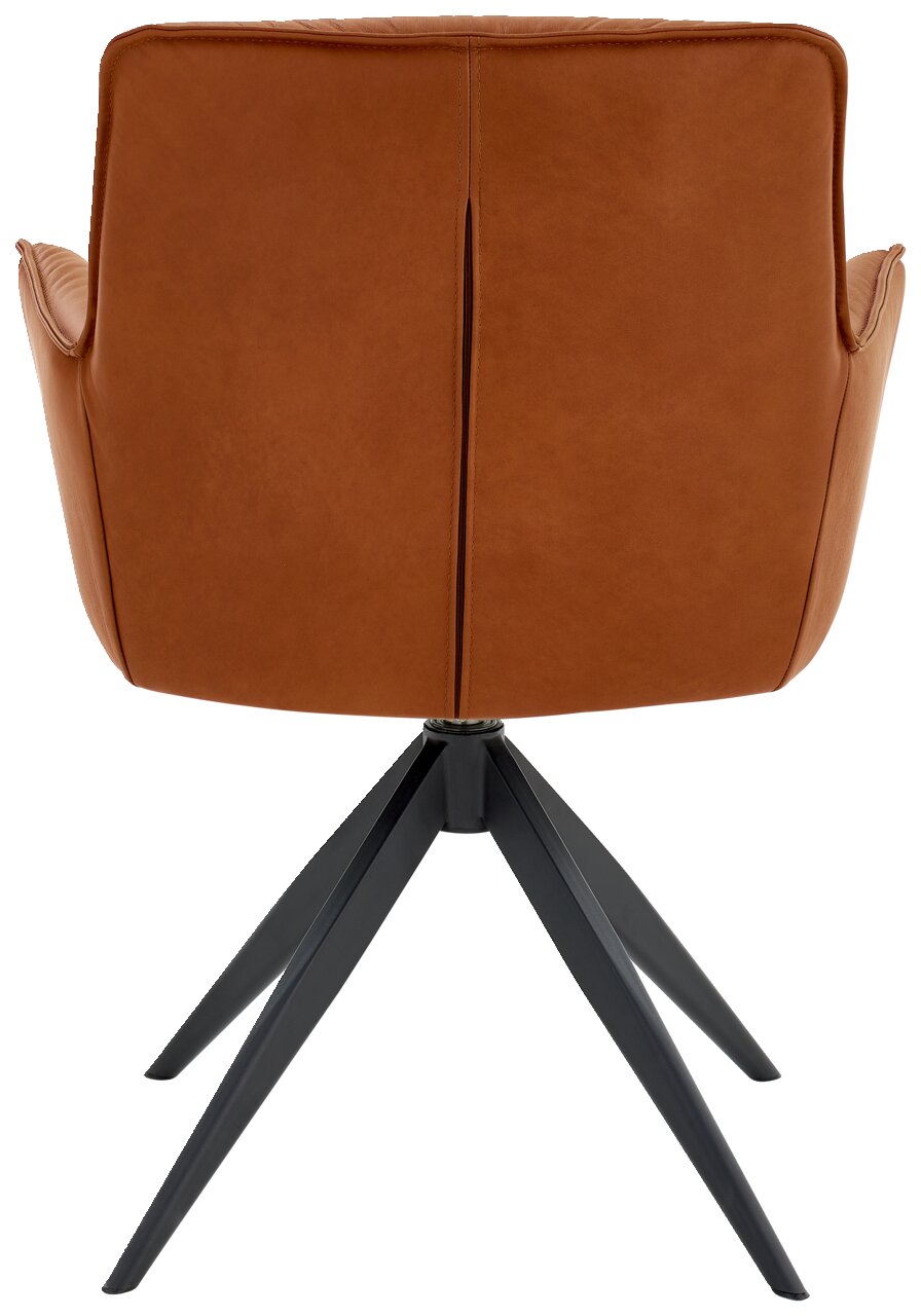 Rückansicht eines braunen Design-Schalensessels mit schwarzem Metallgestell.