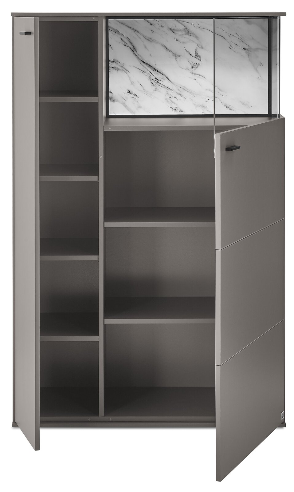 Modernes graues Sideboard/Schrank mit offenen Regalfächern und Marmordekor-Rückwand, Türen geöffnet, Frontansicht leicht schräg von rechts
