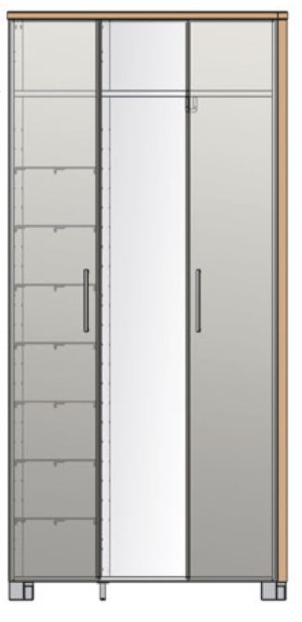 VOSS XL-plankenkast SANTINA Frontansicht eines XL-Dielenschranks mit zwei Türen, einer Spiegeltür und mehreren Regalfächern auf der linken Seite.
