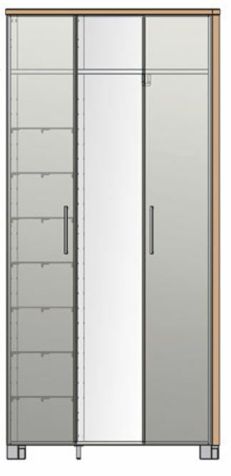 VOSS XL-Dielenschrank SANTINA Frontansicht eines XL-Dielenschranks mit zwei Türen, einer Spiegeltür und mehreren Regalfächern auf der linken Seite.