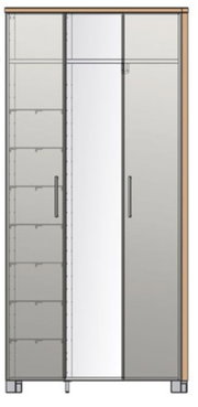 Vooraanzicht van een XL-plankenkast met twee deuren, een spiegeldeur en verschillende planken aan de linkerkant.