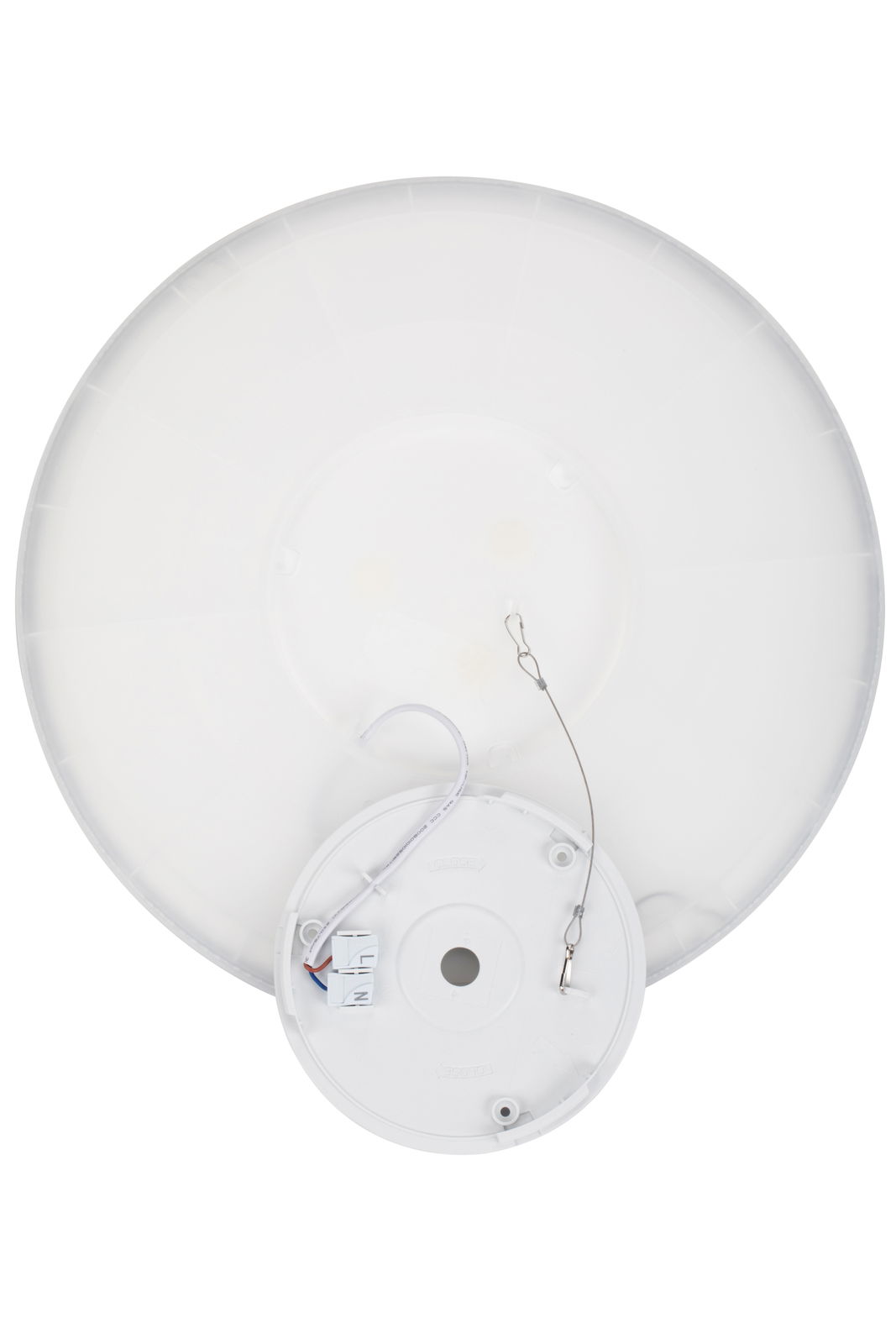 Rückansicht einer runden LED-Deckenleuchte mit sichtbaren Kabelanschlüssen und Befestigungselementen.