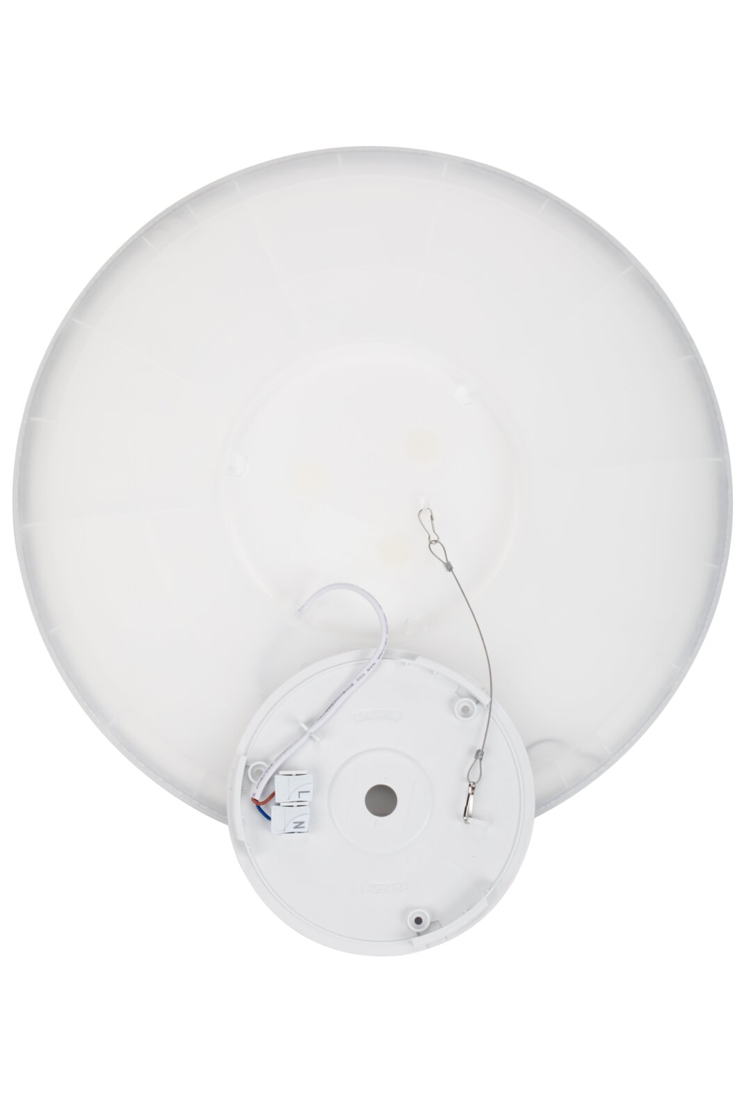 Achterkant van een ronde led-plafondlamp met zichtbare kabelaansluitingen en bevestigingselementen.