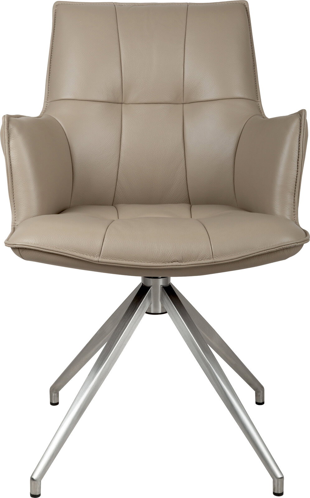 Beiger, gepolsterter Drehstuhl mit Armlehnen und Steppnähten auf Metall-Sternfuß, Frontansicht.