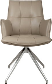 Beiger, gepolsterter Drehstuhl mit Armlehnen und Steppnähten auf Metall-Sternfuß, Frontansicht.