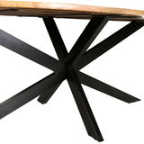 Moderner Esstisch mit schwarzem Metallgestell und Holzplatte, seitliche Perspektive