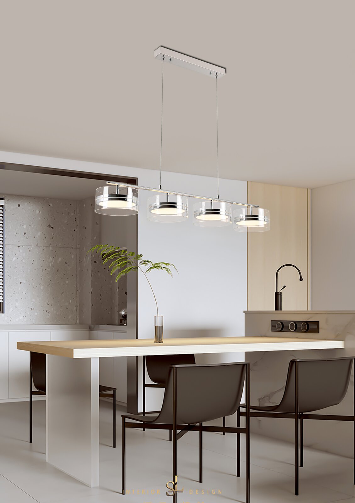 Moderne LED-Hängeleuchte mit vier runden Leuchten, aufgehängt über einem Esstisch in einer stilvollen, minimalistischen Küche. Seitliche Perspektive.