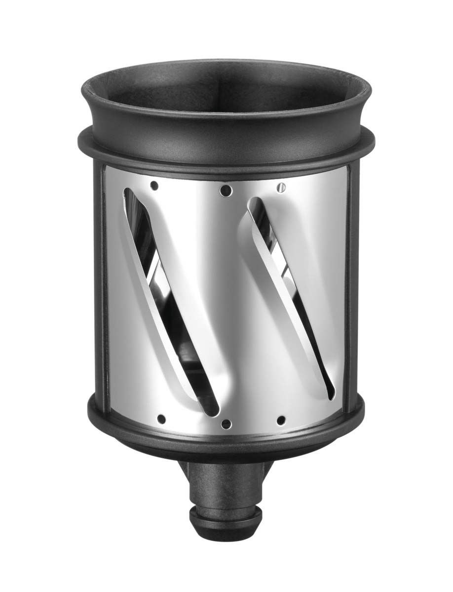 Gemüseschneider-Einsatz aus Metall mit schrägen Schlitzen, seitliche Perspektive