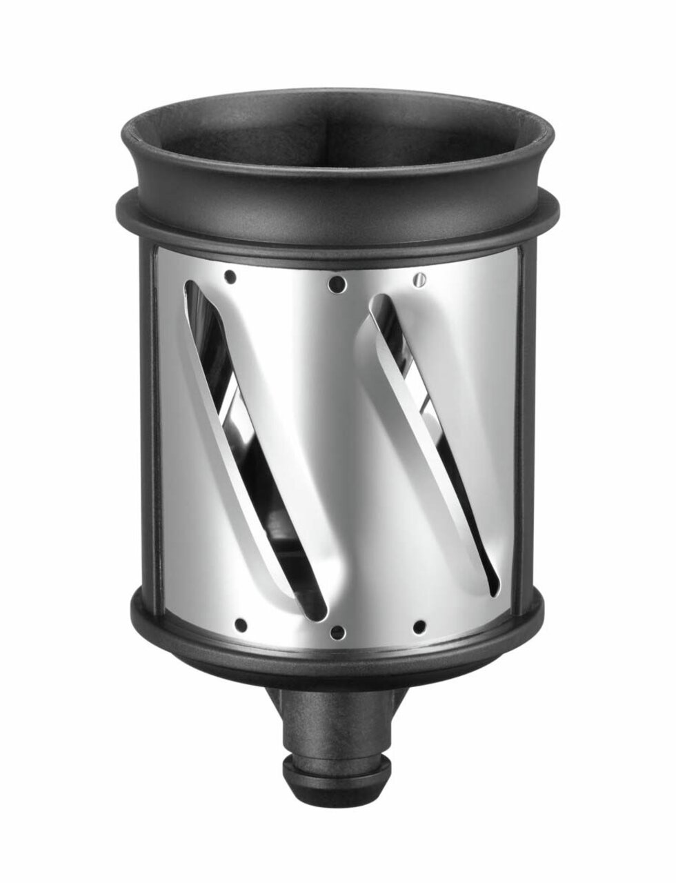 Gemüseschneider-Einsatz aus Metall mit schrägen Schlitzen, seitliche Perspektive