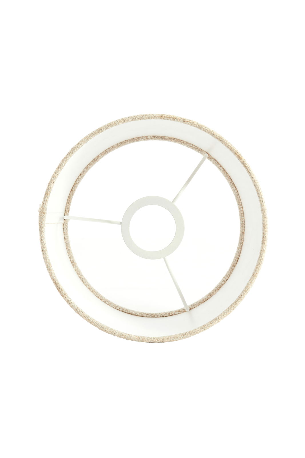 Ansicht von oben auf einen runden Lampenschirm mit weißem Innenrahmen und beigem Rand.