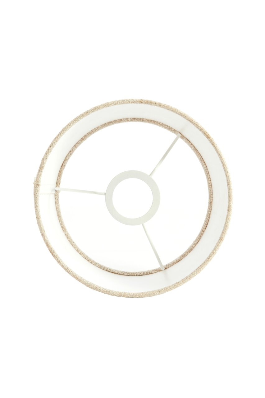 Ansicht von oben auf einen runden Lampenschirm mit weißem Innenrahmen und beigem Rand.