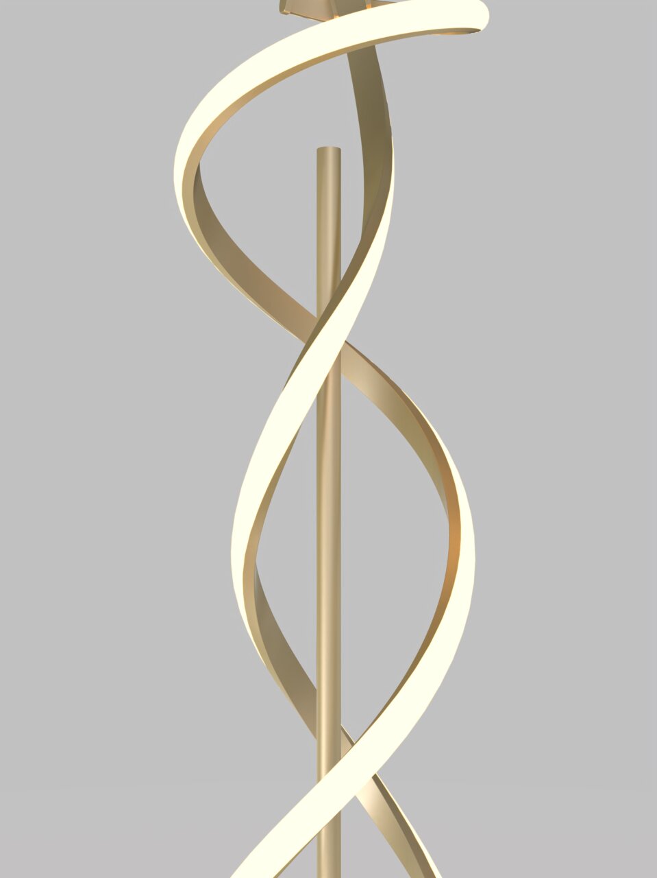 Nahaufnahme einer modernen Stehleuchte mit geschwungenem, spiralförmigem Design in goldener Farbe, seitliche Perspektive.