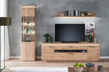 Wohnkombination aus Holz mit Vitrine, TV-Schrank und Wandregal, frontal betrachtet.