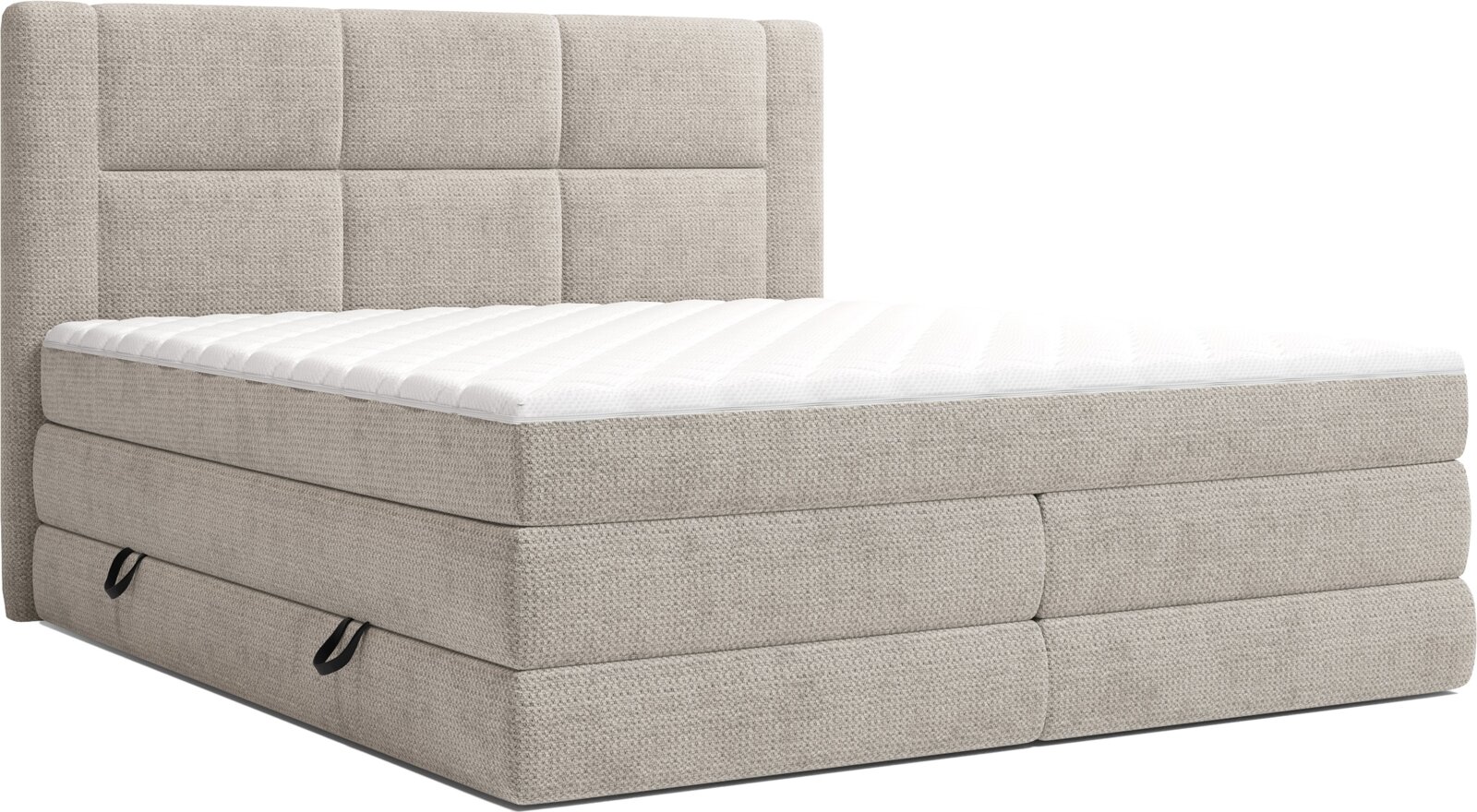 Beiges, gepolstertes Boxspringbett mit kariert gestepptem Kopfteil und weißer Matratzenauflage, in schräger Vorderansicht von links freigestellt.