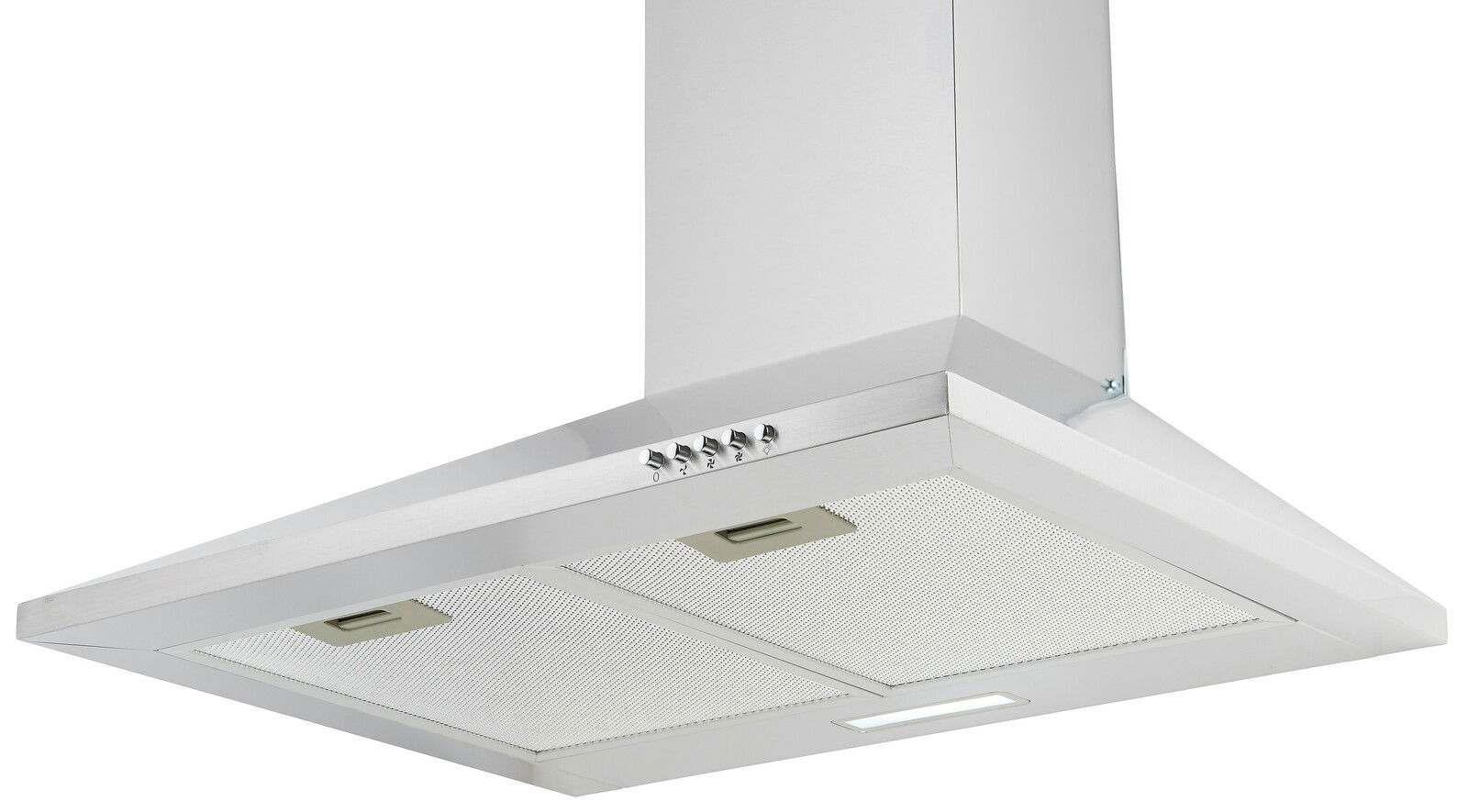 Moderne Edelstahl-Dunstabzugshaube in schräger Perspektive von unten fotografiert, mit Bedienelementen und zwei Filtern.