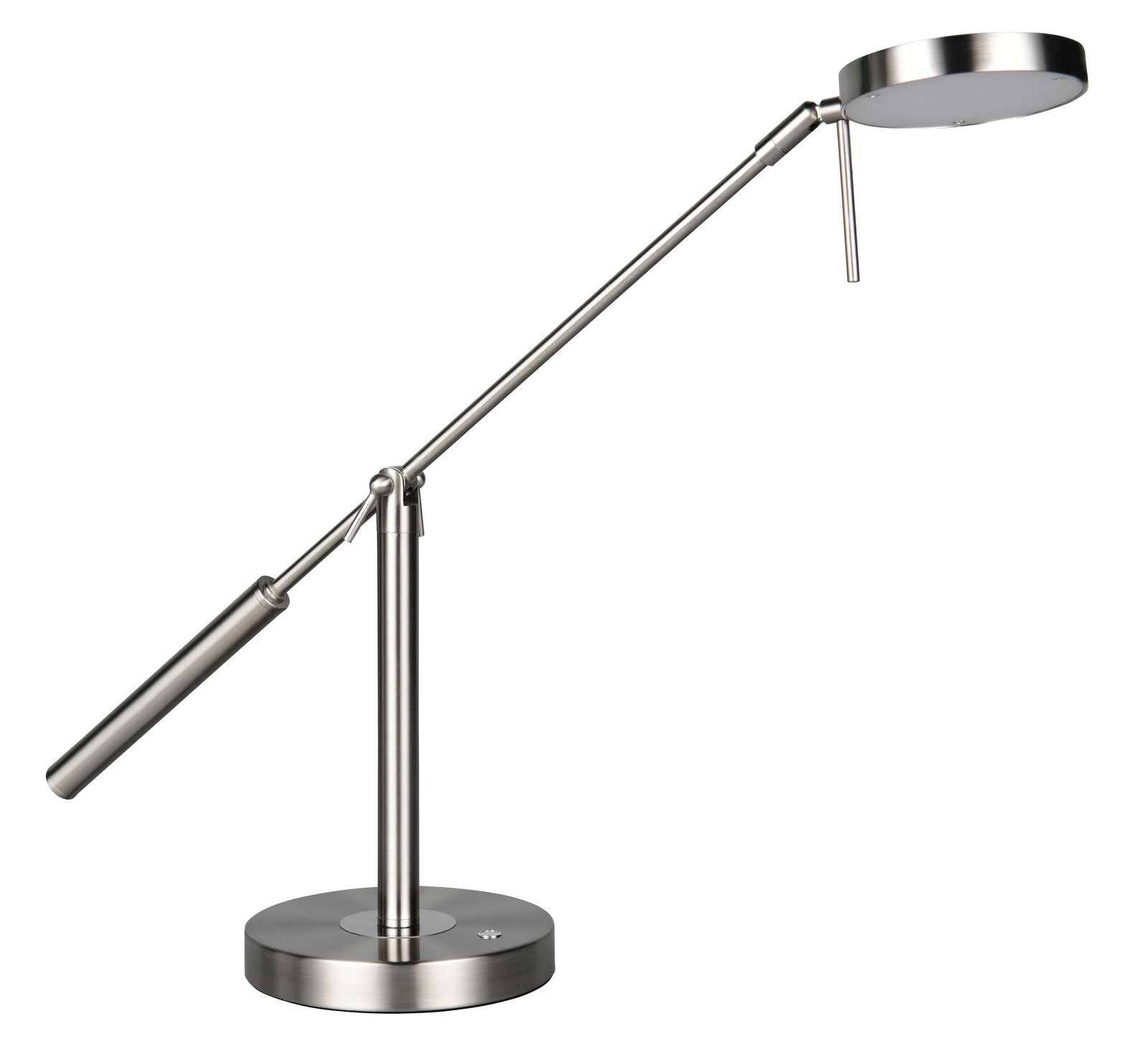 Moderne LED-Schreibtischleuchte aus Metall in seitlicher Ansicht mit verstellbarem Arm und rundem Lampenkopf.