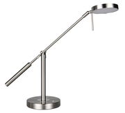 Moderne LED-Schreibtischleuchte aus Metall in seitlicher Ansicht mit verstellbarem Arm und rundem Lampenkopf.