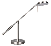 Moderne LED-Schreibtischleuchte aus Metall in seitlicher Ansicht mit verstellbarem Arm und rundem Lampenkopf.