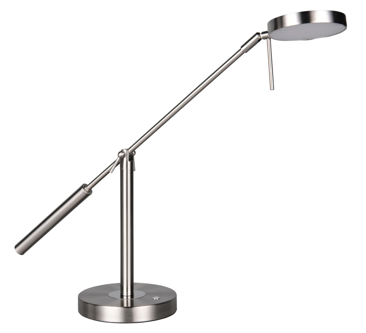 Moderne LED-Schreibtischleuchte aus Metall in seitlicher Ansicht mit verstellbarem Arm und rundem Lampenkopf.