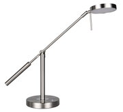 Moderne LED-Schreibtischleuchte aus Metall in seitlicher Ansicht mit verstellbarem Arm und rundem Lampenkopf.