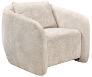 Beiger Sessel mit abgerundeten Armlehnen und Kissen, seitliche Perspektive