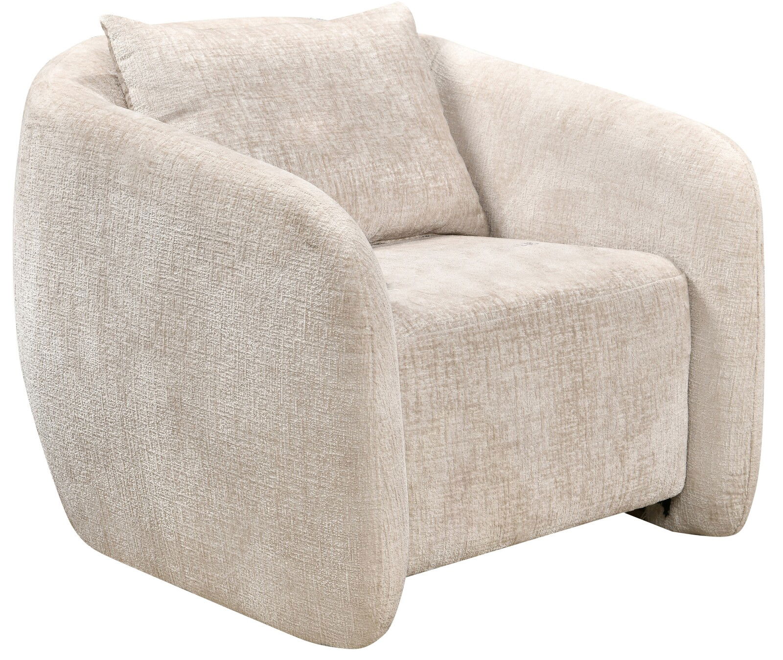 Beiger Sessel mit abgerundeten Armlehnen und Kissen, seitliche Perspektive