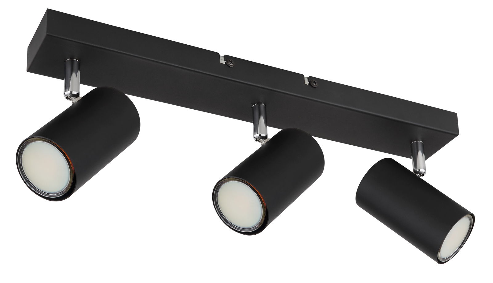 Dreifacher schwarzer Deckenstrahler mit zylindrischen Leuchten, seitliche Perspektive