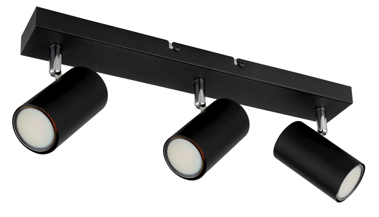 Dreifacher schwarzer Deckenstrahler mit zylindrischen Leuchten, seitliche Perspektive