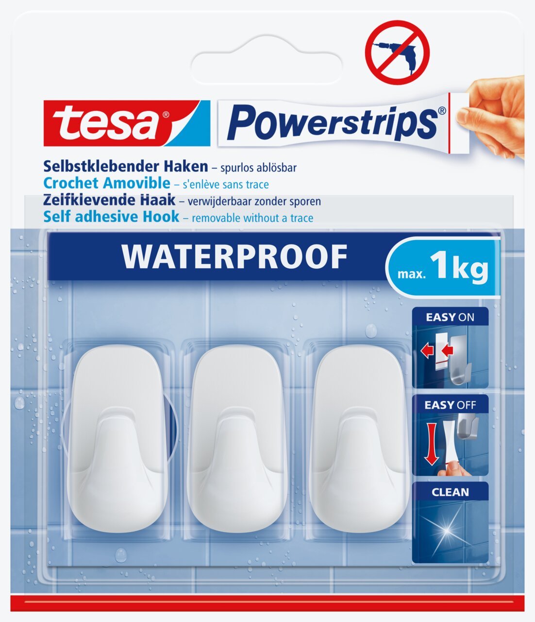 Drie zelfklevende, waterdichte haken van tesa Powerstrips, geschikt voor een maximale belasting van 1 kg, in een verpakking met een blauw tegeldesign. Vooraanzicht.
