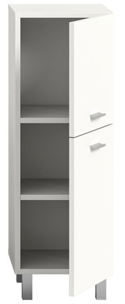 Weißer Badschrank mit zwei offenen Fächern und zwei Türen, perspektivisch von vorne links betrachtet.