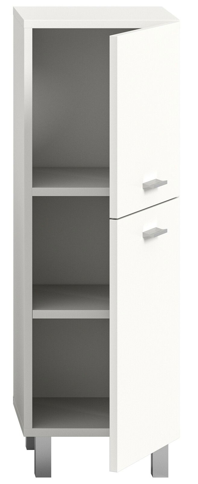 Weißer Badschrank mit zwei offenen Fächern und zwei Türen, perspektivisch von vorne links betrachtet.