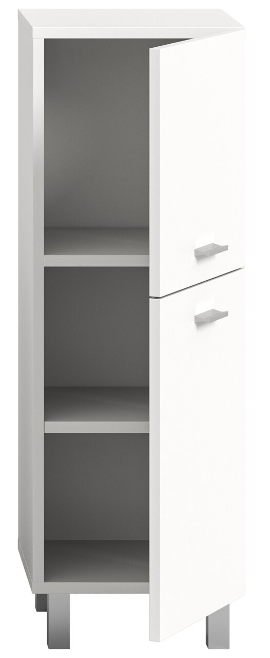 Weißer Badschrank mit zwei offenen Fächern und zwei Türen, perspektivisch von vorne links betrachtet.