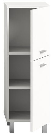 Weißer Badschrank mit zwei offenen Fächern und zwei Türen, perspektivisch von vorne links betrachtet.