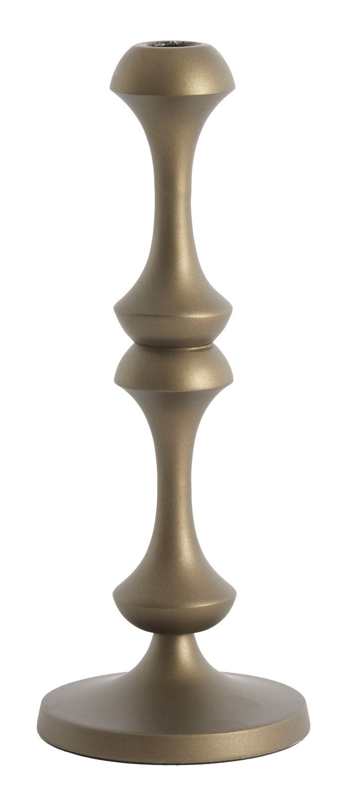 Eleganter goldfarbener Kerzenständer aus Metall, frontal abgebildet.