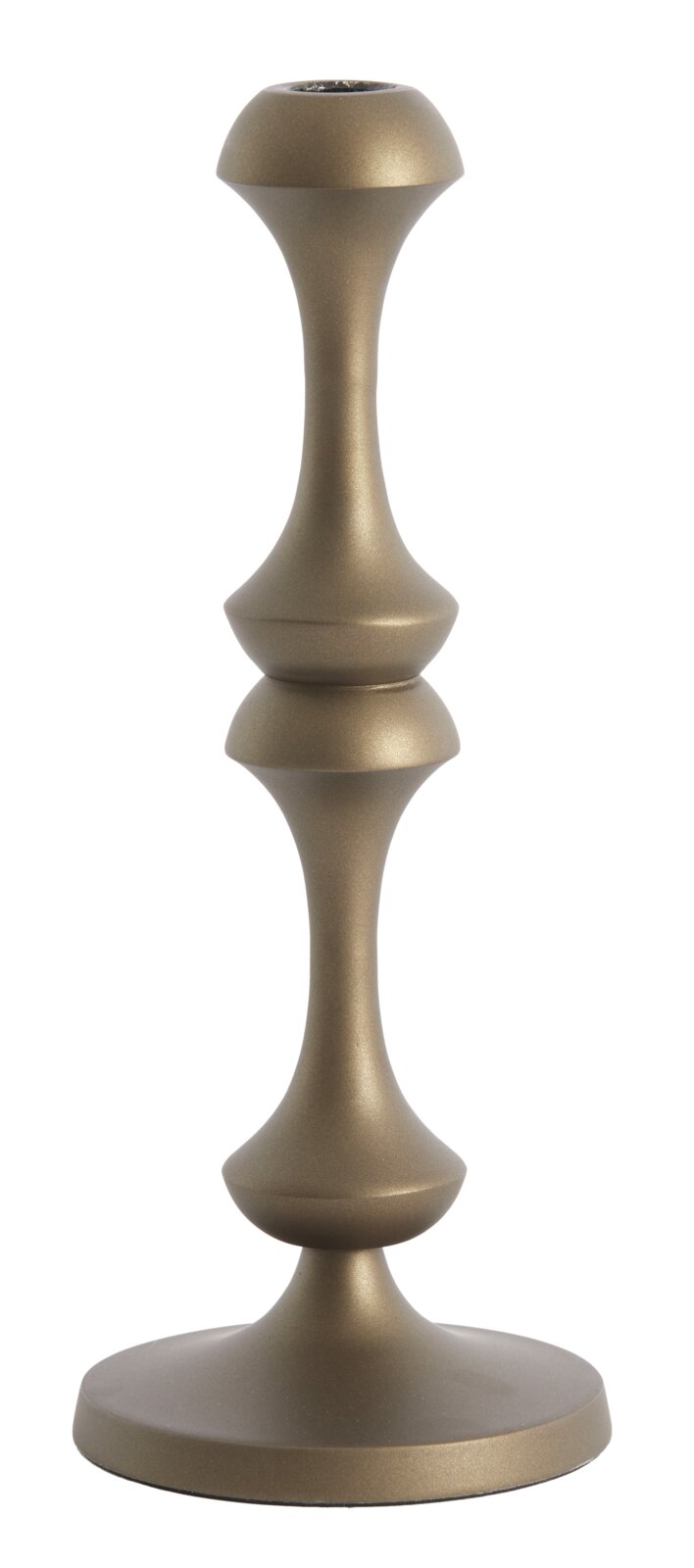 Eleganter goldfarbener Kerzenständer aus Metall, frontal abgebildet.