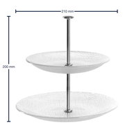 Zweistöckige Glas-Etagere Pralina mit Metallstange, seitliche Perspektive, 210 mm Durchmesser, 200 mm Höhe
