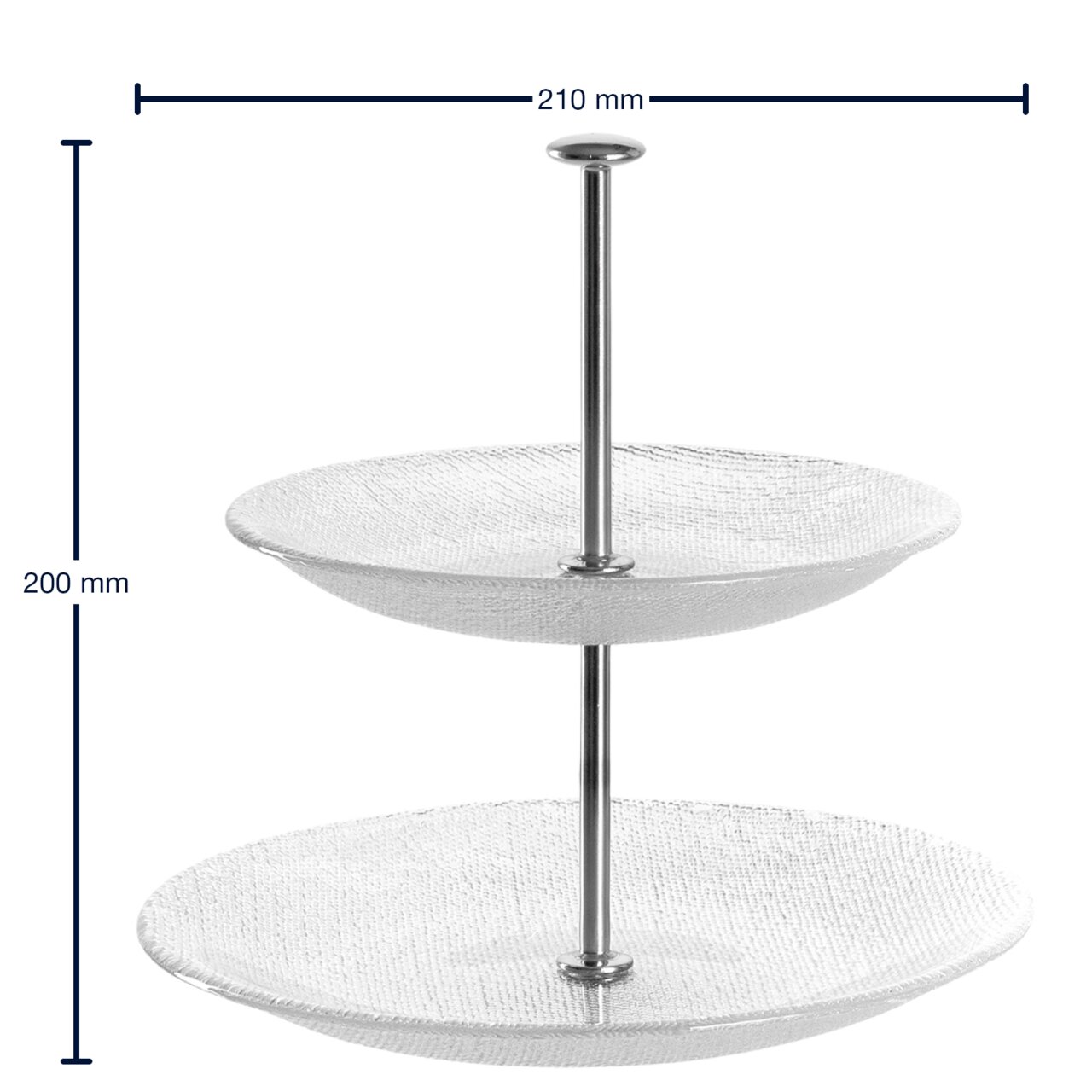 Zweistöckige Glas-Etagere Pralina mit Metallstange, seitliche Perspektive, 210 mm Durchmesser, 200 mm Höhe