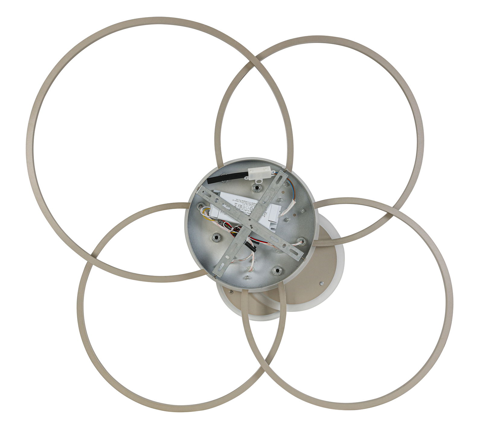 Moderne LED-Deckenleuchte mit vier kreisförmigen Elementen, Ansicht von unten.