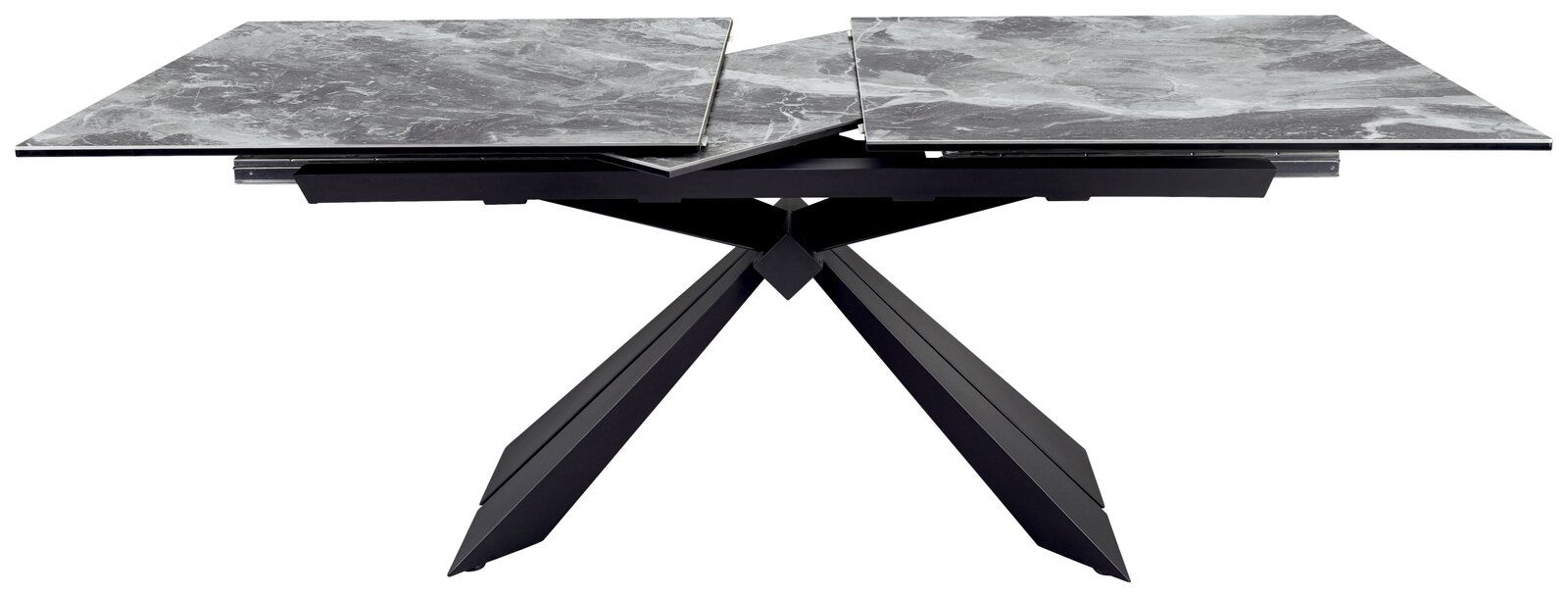 Moderner Esstisch mit ausziehbarer Marmorplatte und geometrischem Metallgestell, seitliche Perspektive.