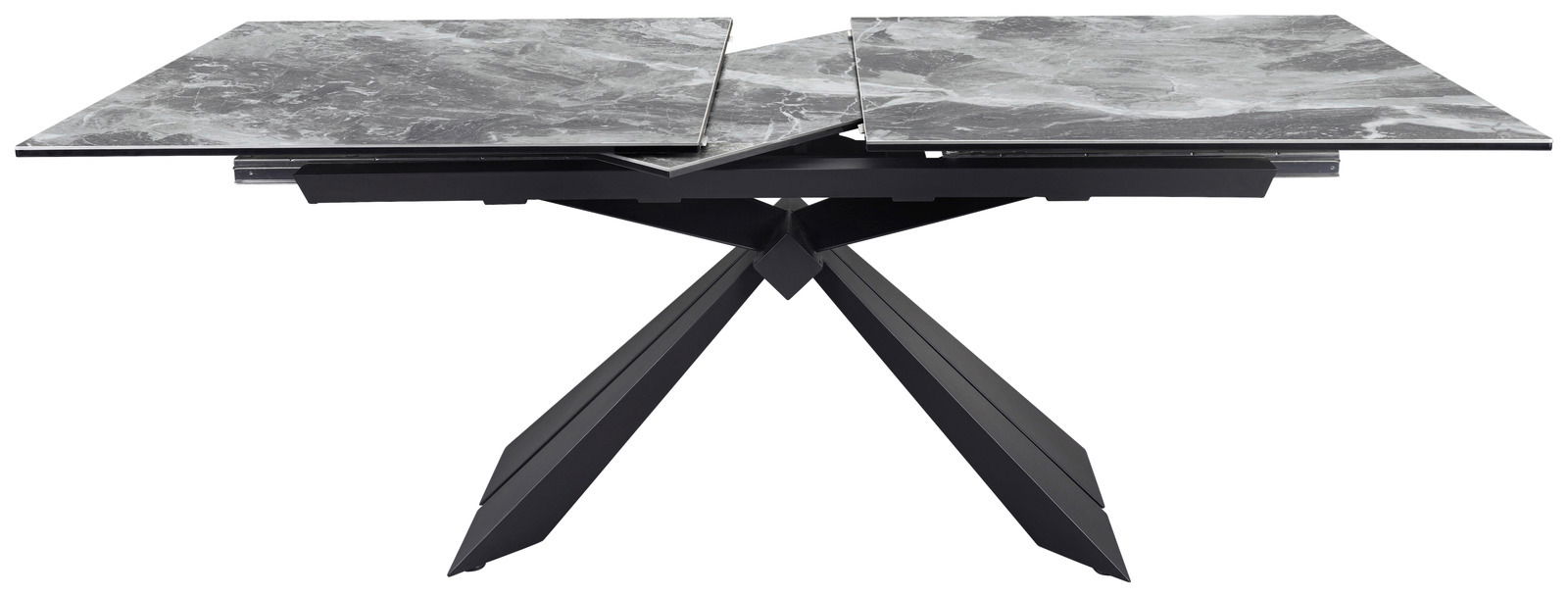Moderner Esstisch mit ausziehbarer Marmorplatte und geometrischem Metallgestell, seitliche Perspektive.
