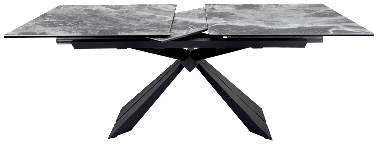 Moderne eettafel met uitschuifbaar marmeren blad en geometrisch metalen onderstel, zijaanzicht.