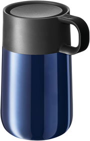 Impulse Travel Mug 0,3l Cromar in blauer Farbe mit schwarzem Deckel und Henkel, seitliche Ansicht