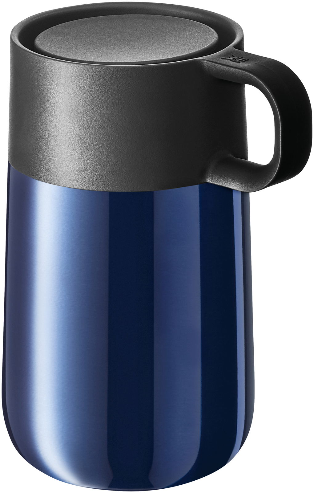 WMF Thermobecher 0,3l IMPULSE Impulse Travel Mug 0,3l Cromar in blauer Farbe mit schwarzem Deckel und Henkel, seitliche Ansicht